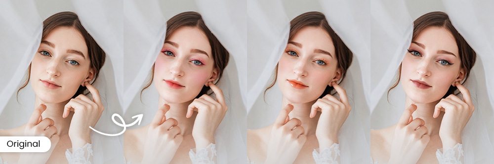 an original wedding photo and 3 different wedding makeup photos made with Vivid Glam